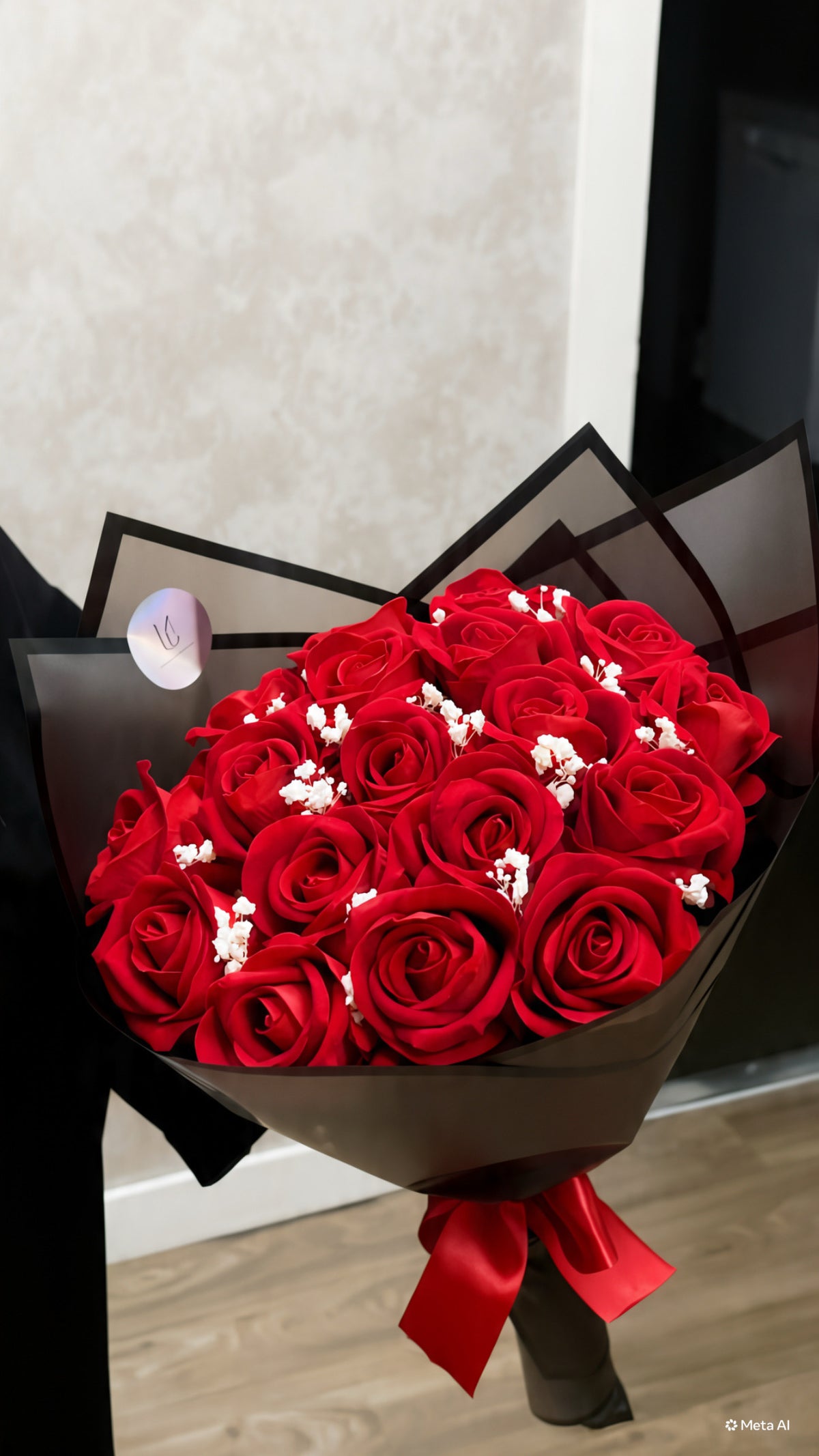 Bouquet de 19 roses rouges tenu avec son ruban rouge